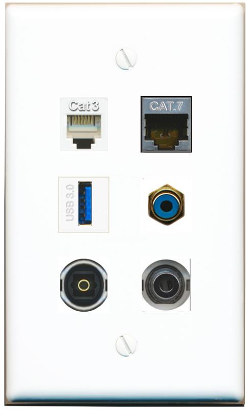  3.5mm CAT7 PHONE RCA-BLUE TOSLINK USB-3 Flat/Solid Wall Plate [White]