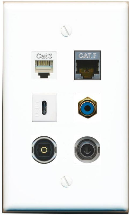  3.5mm CAT7 PHONE RCA-BLUE TOSLINK USBC Flat/Solid Wall Plate [White]