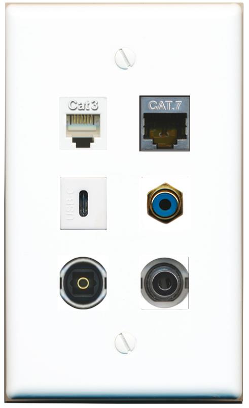  3.5mm CAT7 PHONE RCA-BLUE TOSLINK USBC Flat/Solid Wall Plate [White]