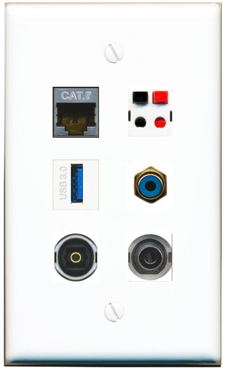  3.5mm CAT7 RCA-BLUE SPEAKER TOSLINK USB-3 Flat/Solid Wall Plate [White]