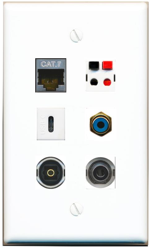  3.5mm CAT7 RCA-BLUE SPEAKER TOSLINK USBC Flat/Solid Wall Plate [White]