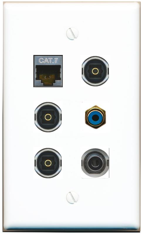  3.5mm CAT7 RCA-BLUE 3 TOSLINK Flat/Solid Wall Plate [White]