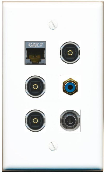  3.5mm CAT7 RCA-BLUE 3 TOSLINK Flat/Solid Wall Plate [White]
