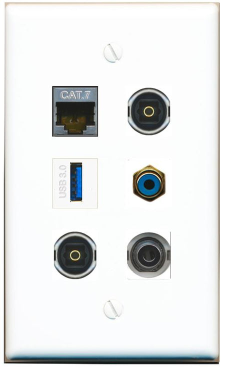  3.5mm CAT7 RCA-BLUE 2 TOSLINK USB-3 Flat/Solid Wall Plate [White]