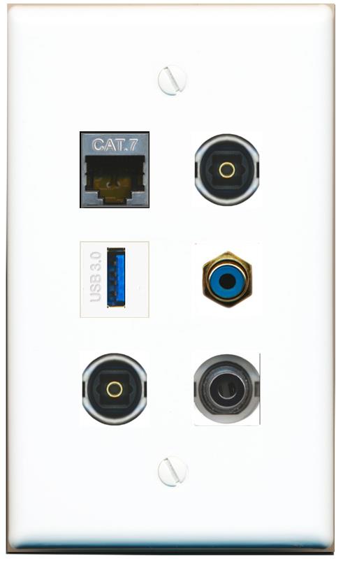  3.5mm CAT7 RCA-BLUE 2 TOSLINK USB-3 Flat/Solid Wall Plate [White]