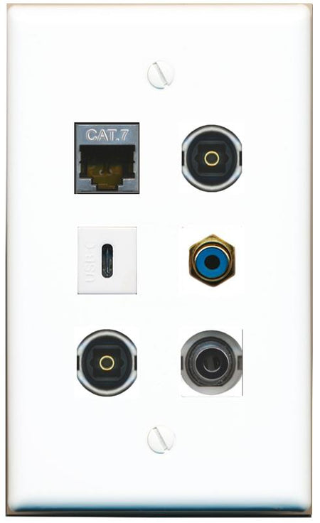  3.5mm CAT7 RCA-BLUE 2 TOSLINK USBC Flat/Solid Wall Plate [White]