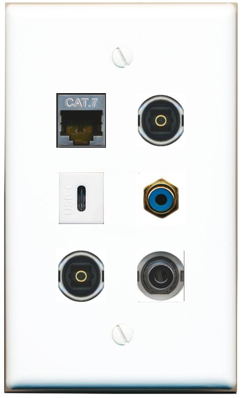  3.5mm CAT7 RCA-BLUE 2 TOSLINK USBC Flat/Solid Wall Plate [White]