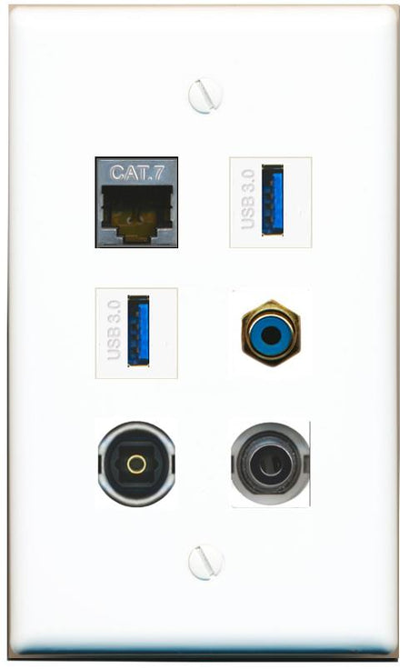  3.5mm CAT7 RCA-BLUE TOSLINK 2 USB-3 Flat/Solid Wall Plate [White]