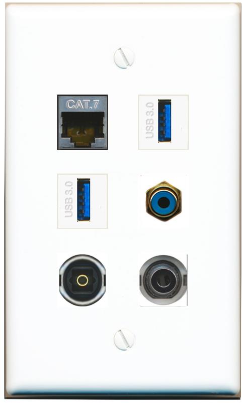  3.5mm CAT7 RCA-BLUE TOSLINK 2 USB-3 Flat/Solid Wall Plate [White]