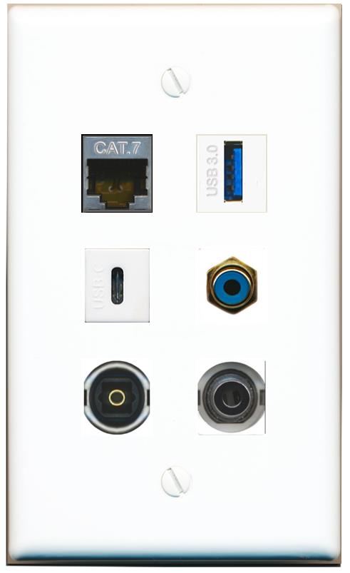  3.5mm CAT7 RCA-BLUE TOSLINK USB-3 USBC Flat/Solid Wall Plate [White]