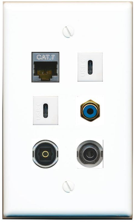  3.5mm CAT7 RCA-BLUE TOSLINK 2 USBC Flat/Solid Wall Plate [White]