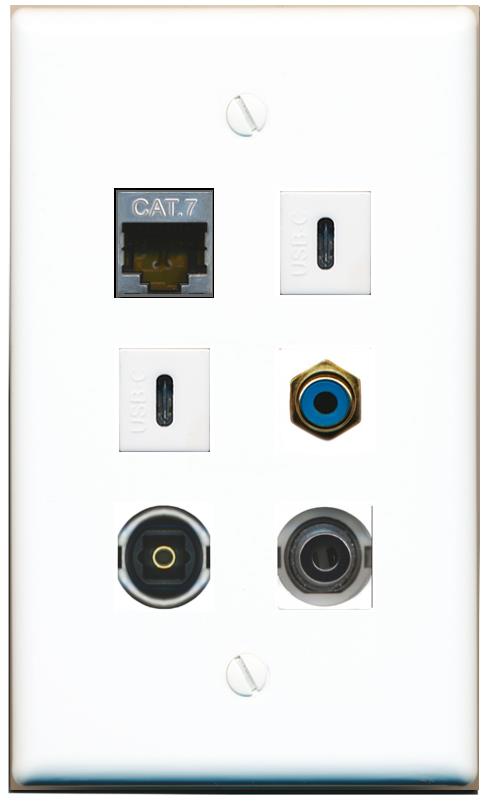  3.5mm CAT7 RCA-BLUE TOSLINK 2 USBC Flat/Solid Wall Plate [White]