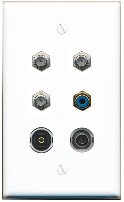  3.5mm 3 COAX RCA-BLUE TOSLINK Flat/Solid Wall Plate [White]
