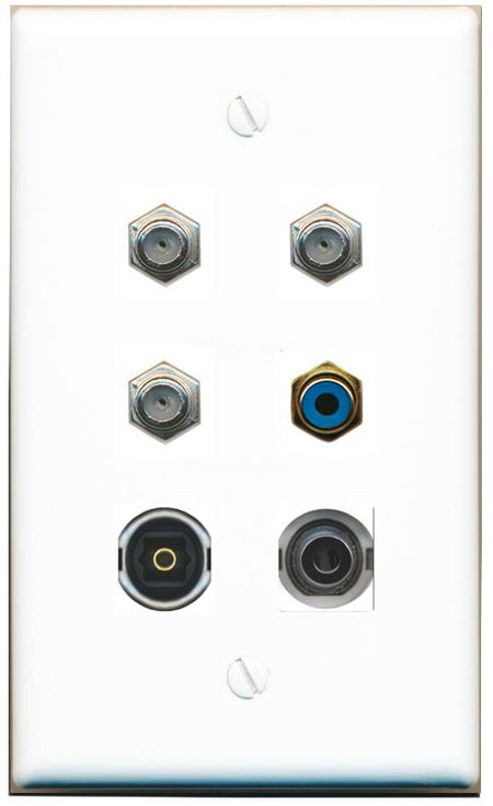  3.5mm 3 COAX RCA-BLUE TOSLINK Flat/Solid Wall Plate [White]