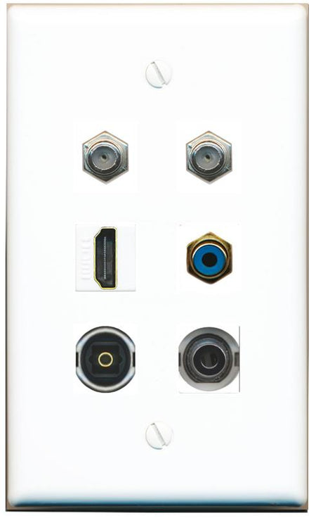  3.5mm 2 COAX HDMI RCA-BLUE TOSLINK Flat/Solid Wall Plate [White]