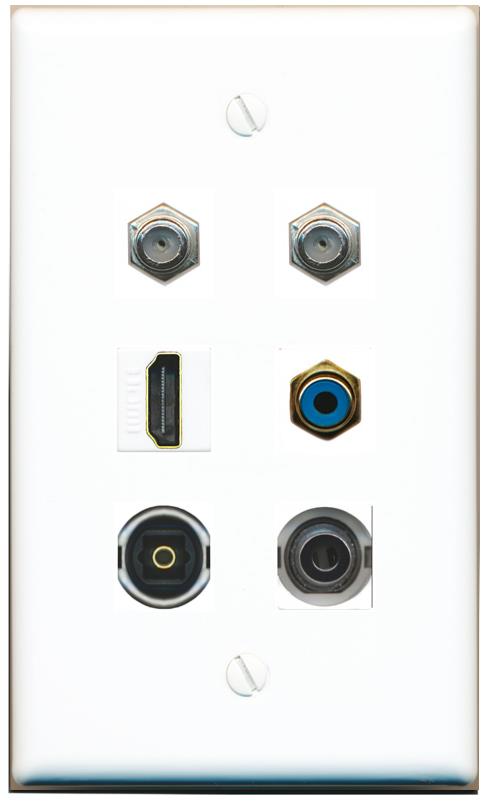  3.5mm 2 COAX HDMI RCA-BLUE TOSLINK Flat/Solid Wall Plate [White]