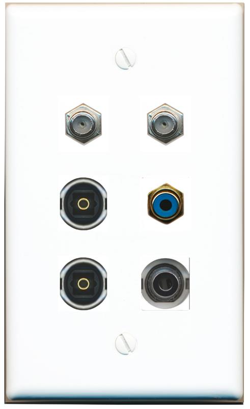  3.5mm 2 COAX RCA-BLUE 2 TOSLINK Flat/Solid Wall Plate [White]