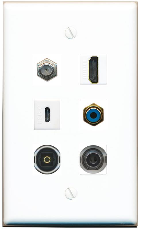  3.5mm COAX HDMI RCA-BLUE TOSLINK USBC Flat/Solid Wall Plate [White]