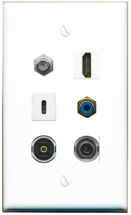  3.5mm COAX HDMI RCA-BLUE TOSLINK USBC Flat/Solid Wall Plate [White]