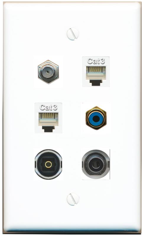  3.5mm COAX 2 PHONE RCA-BLUE TOSLINK Flat/Solid Wall Plate [White]
