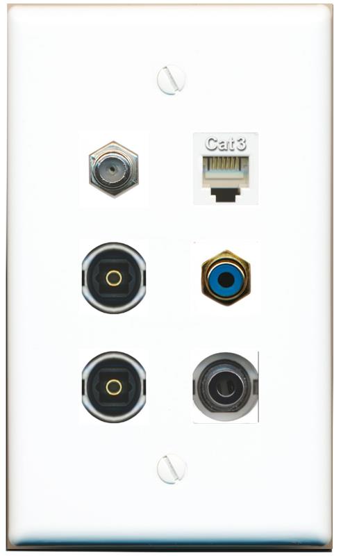  3.5mm COAX PHONE RCA-BLUE 2 TOSLINK Flat/Solid Wall Plate [White]