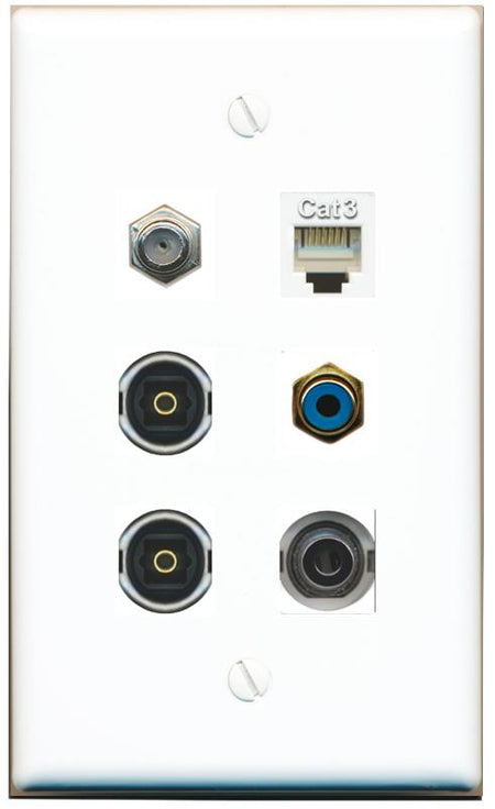  3.5mm COAX PHONE RCA-BLUE 2 TOSLINK Flat/Solid Wall Plate [White]