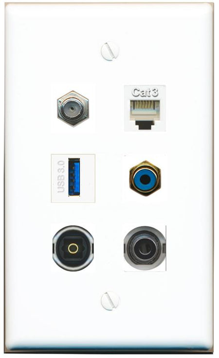  3.5mm COAX PHONE RCA-BLUE TOSLINK USB-3 Flat/Solid Wall Plate [White]