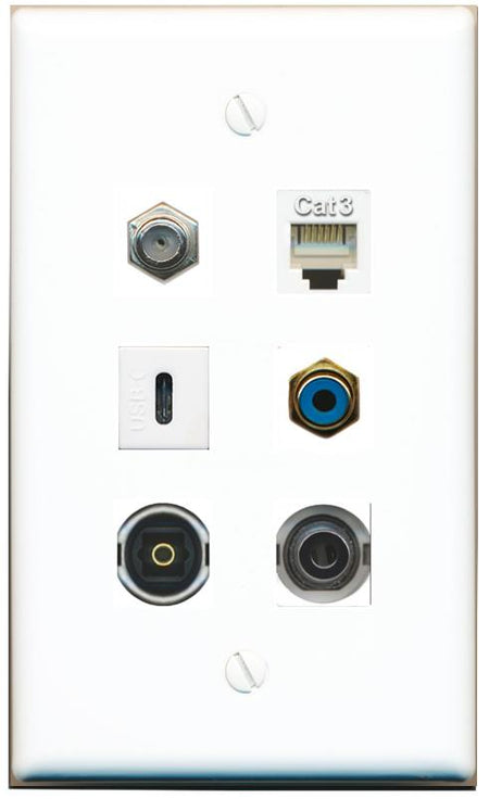 3.5mm COAX PHONE RCA-BLUE TOSLINK USBC Flat/Solid Wall Plate [White]