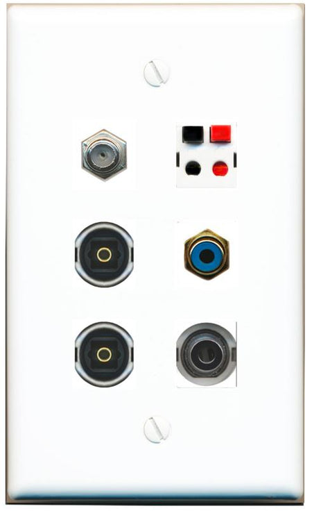  3.5mm COAX RCA-BLUE SPEAKER 2 TOSLINK Flat/Solid Wall Plate [White]