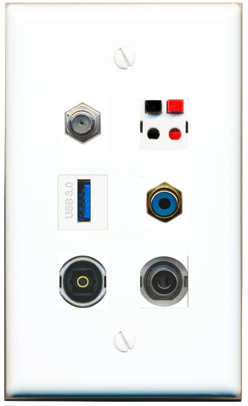  3.5mm COAX RCA-BLUE SPEAKER TOSLINK USB-3 Flat/Solid Wall Plate [White]