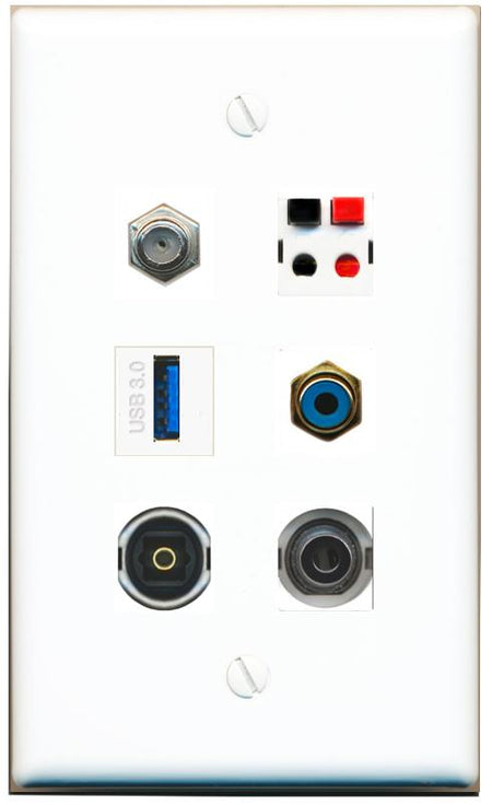  3.5mm COAX RCA-BLUE SPEAKER TOSLINK USB-3 Flat/Solid Wall Plate [White]