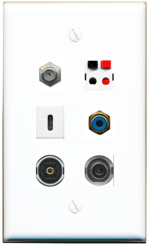  3.5mm COAX RCA-BLUE SPEAKER TOSLINK USBC Flat/Solid Wall Plate [White]