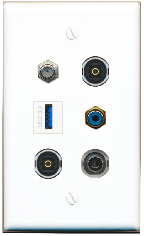  3.5mm COAX RCA-BLUE 2 TOSLINK USB-3 Flat/Solid Wall Plate [White]