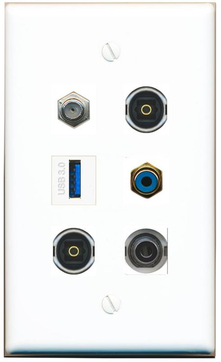  3.5mm COAX RCA-BLUE 2 TOSLINK USB-3 Flat/Solid Wall Plate [White]