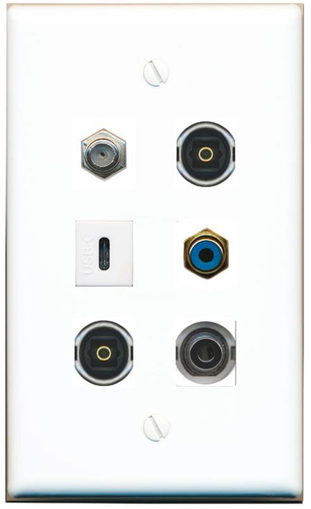  3.5mm COAX RCA-BLUE 2 TOSLINK USBC Flat/Solid Wall Plate [White]