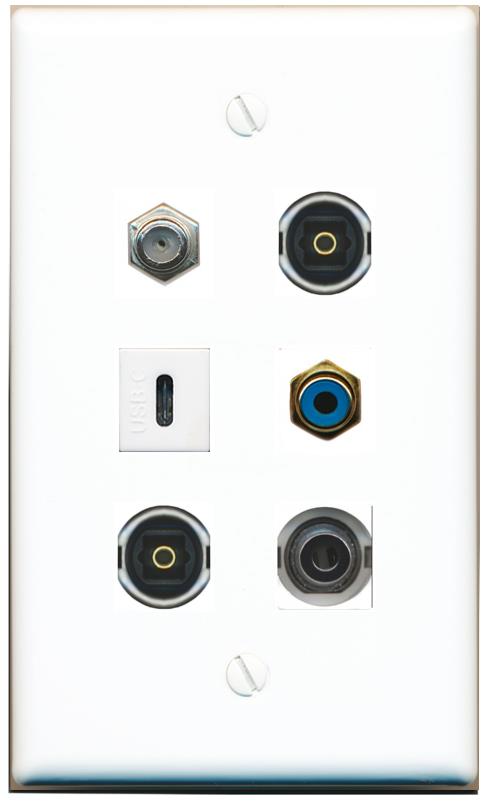  3.5mm COAX RCA-BLUE 2 TOSLINK USBC Flat/Solid Wall Plate [White]