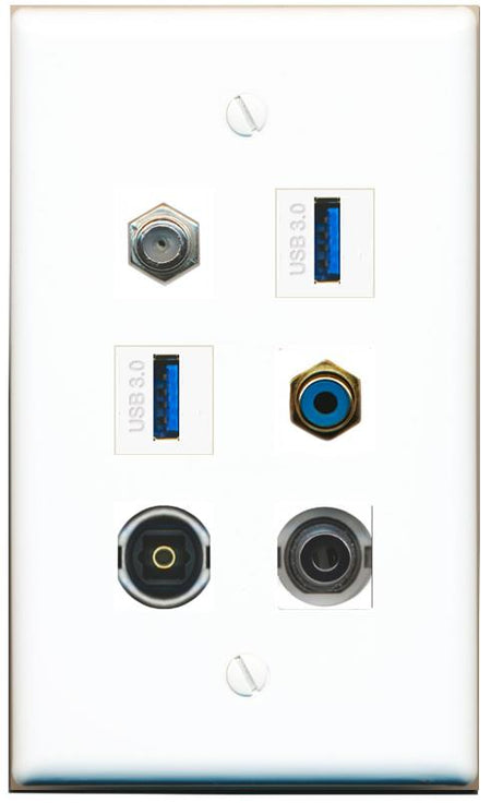  3.5mm COAX RCA-BLUE TOSLINK 2 USB-3 Flat/Solid Wall Plate [White]