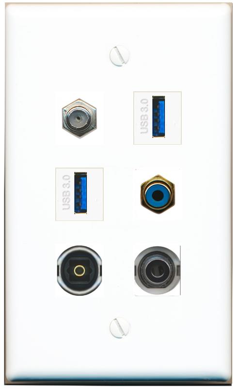  3.5mm COAX RCA-BLUE TOSLINK 2 USB-3 Flat/Solid Wall Plate [White]