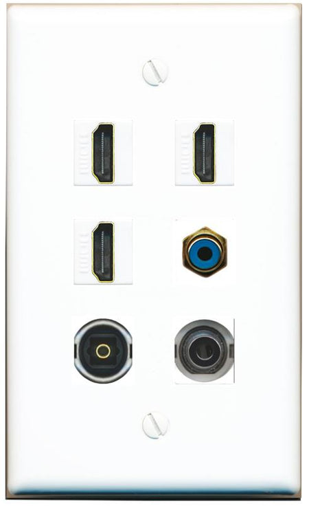  3.5mm 3 HDMI RCA-BLUE TOSLINK Flat/Solid Wall Plate [White]