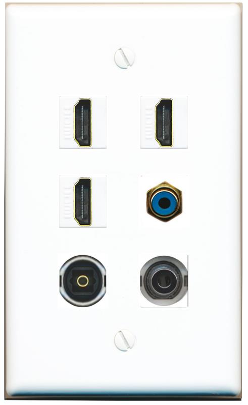 3.5mm 3 HDMI RCA-BLUE TOSLINK Flat/Solid Wall Plate [White]