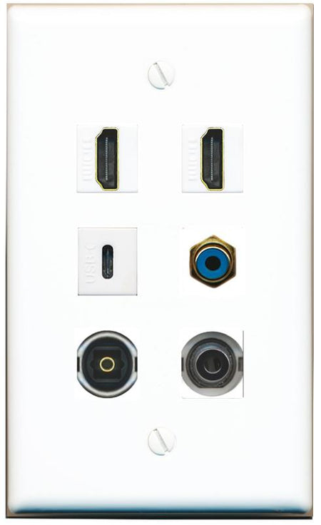  3.5mm 2 HDMI RCA-BLUE TOSLINK USBC Flat/Solid Wall Plate [White]