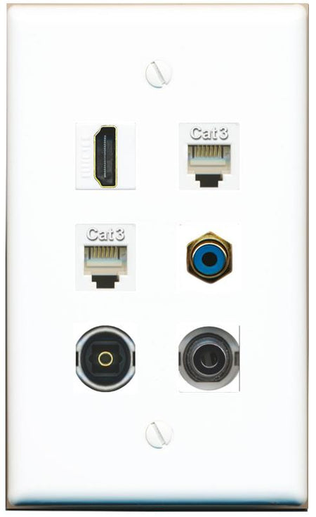  3.5mm HDMI 2 PHONE RCA-BLUE TOSLINK Flat/Solid Wall Plate [White]