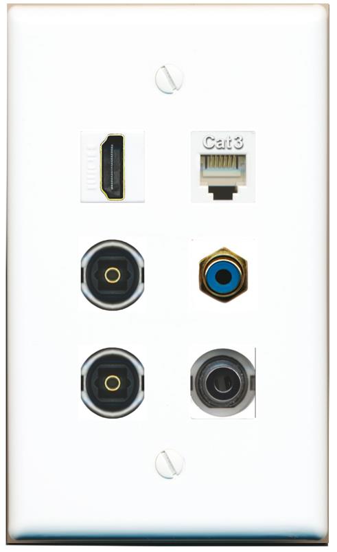  3.5mm HDMI PHONE RCA-BLUE 2 TOSLINK Flat/Solid Wall Plate [White]