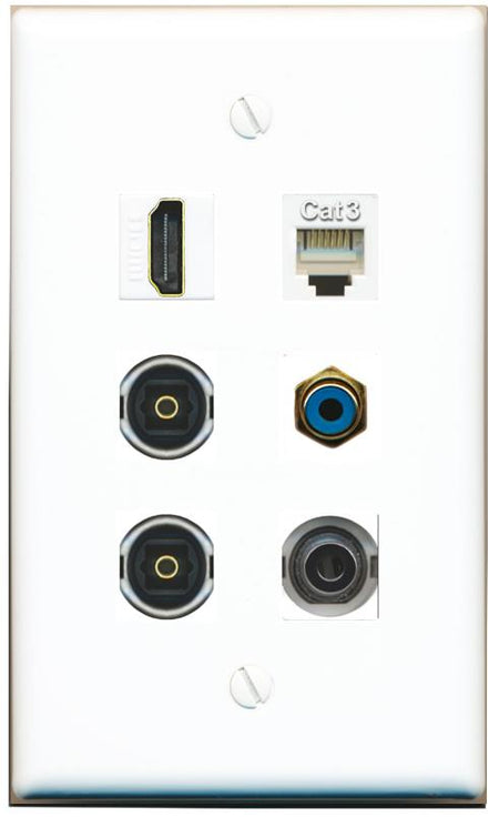  3.5mm HDMI PHONE RCA-BLUE 2 TOSLINK Flat/Solid Wall Plate [White]