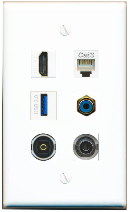  3.5mm HDMI PHONE RCA-BLUE TOSLINK USB-3 Flat/Solid Wall Plate [White]
