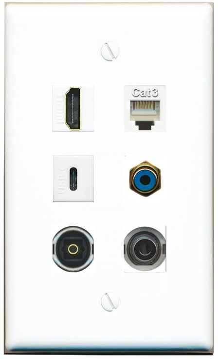  3.5mm HDMI PHONE RCA-BLUE TOSLINK USBC Flat/Solid Wall Plate [White]