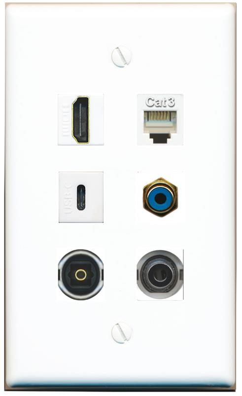  3.5mm HDMI PHONE RCA-BLUE TOSLINK USBC Flat/Solid Wall Plate [White]