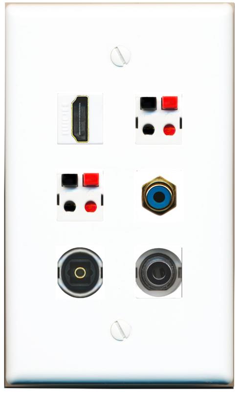  3.5mm HDMI RCA-BLUE 2 SPEAKER TOSLINK Flat/Solid Wall Plate [White]