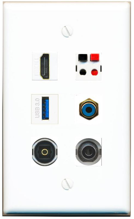  3.5mm HDMI RCA-BLUE SPEAKER TOSLINK USB-3 Flat/Solid Wall Plate [White]