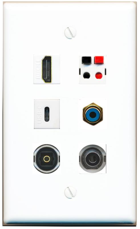  3.5mm HDMI RCA-BLUE SPEAKER TOSLINK USBC Flat/Solid Wall Plate [White]